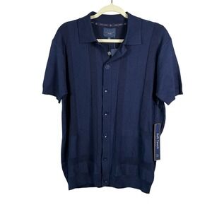 Marc Asher Navy Blue Knit Button Down Polo Shirt MAW-33135 Mens Medium NEW